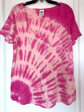 Victoria Secret PINK T Shirt Pink Tie Dye Logo V-Neck Crew Short Sleeve S/S EUC